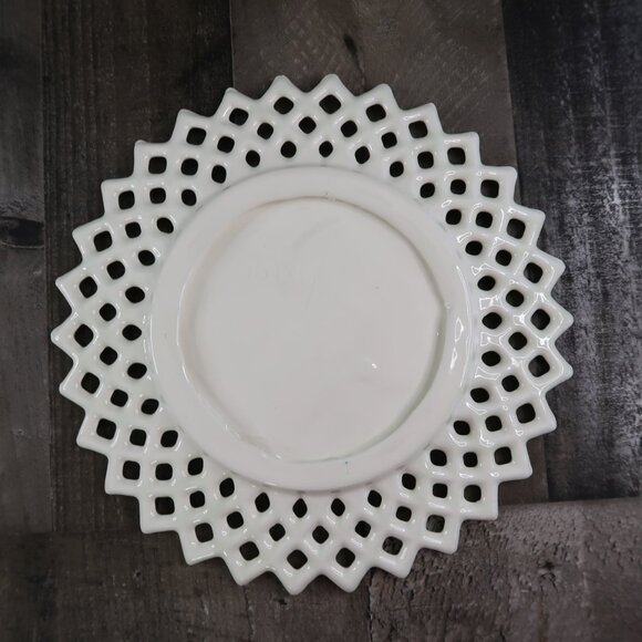 Lattice Lace Edge White Milk Glass Plate with Purple Flowers Pointed Vintage - Picture 4 of 5
